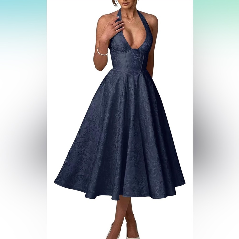 Elegant Blue A-Line Jacquard evening Gown Prom Dress
